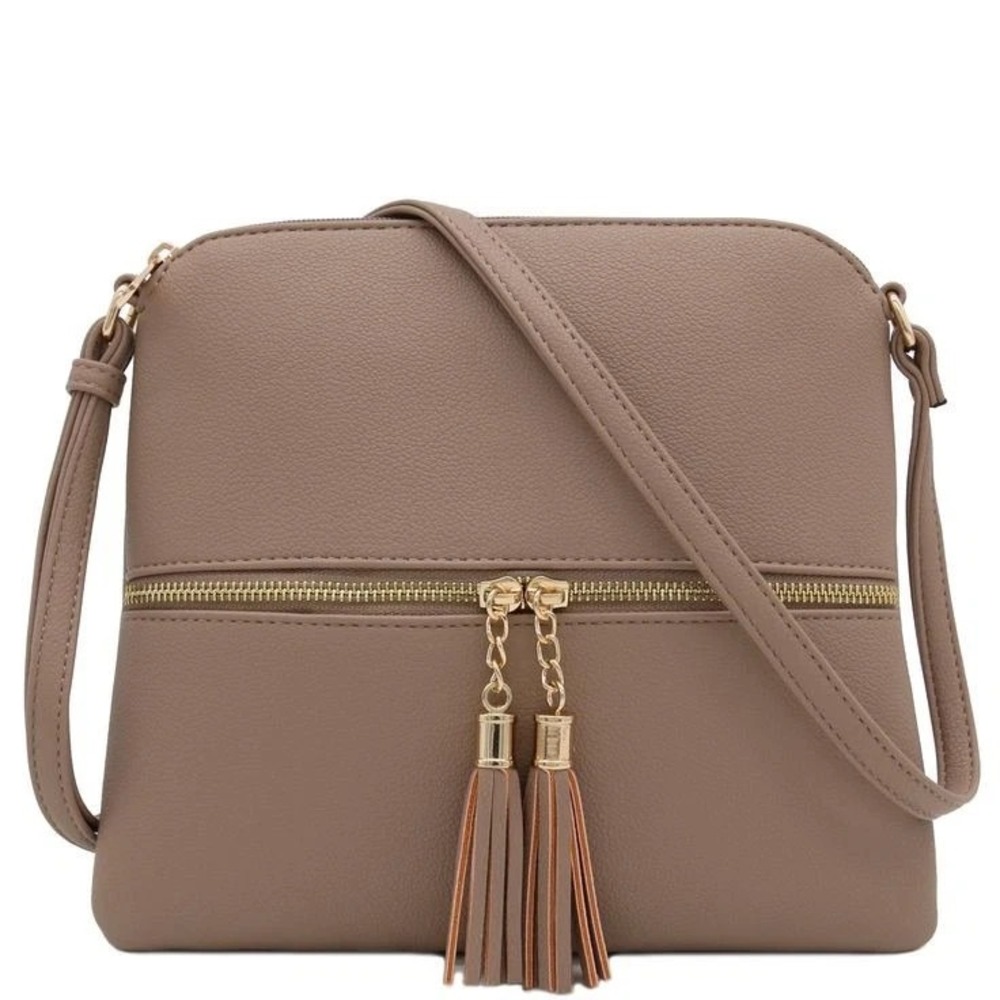 Deluxity Los Angeles Light Brown Vegan Leather Over Shoulder Tassel Purse Bag
